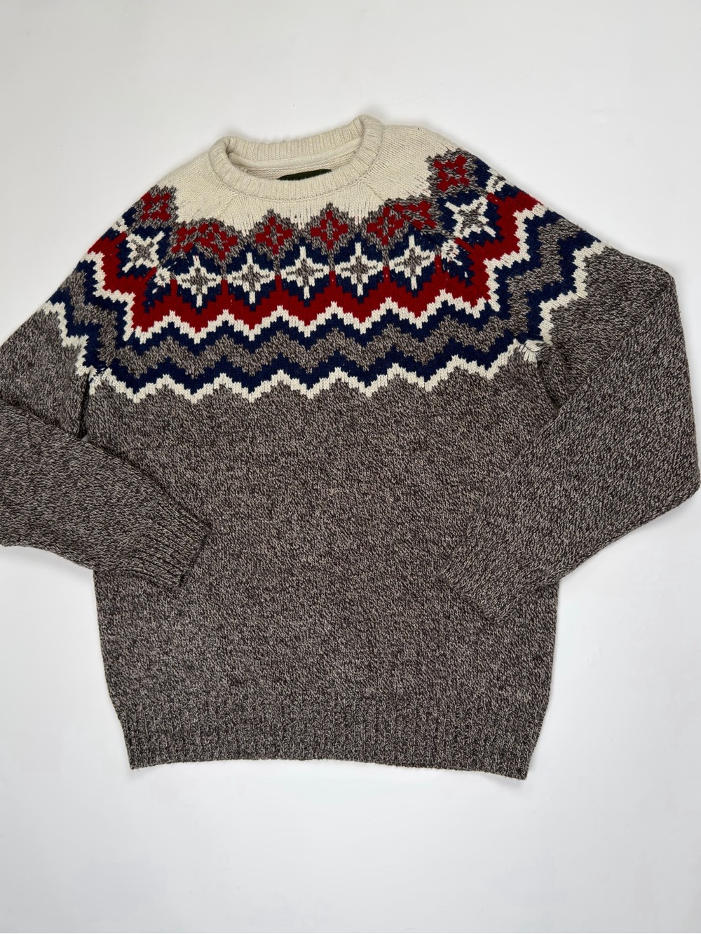 Eddie Bauer Sweater Mens LT Gray Fair Isle Nordic Raglan Crewneck Wool Blend